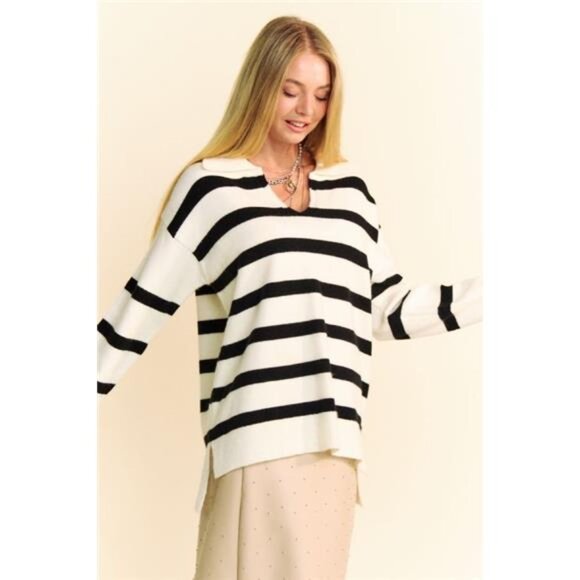 NWT Davi & Dani Striped Loose Fit Collared Long Sleeve Sweater, Hi Lo Hem, White - Picture 3 of 5